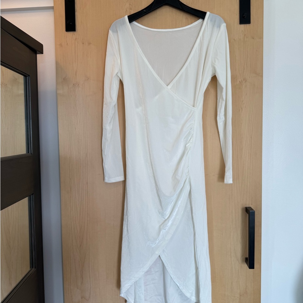 CHNGE Cream Ribbed Asymmetrical Wrap Dress